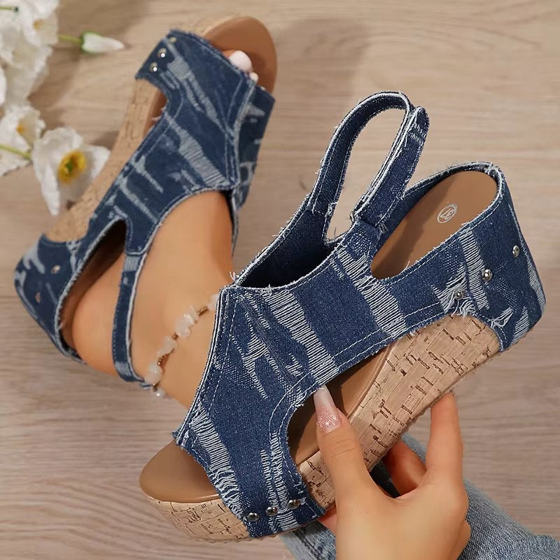 Anna | Klacksandaler i Kork och Denim, Blå