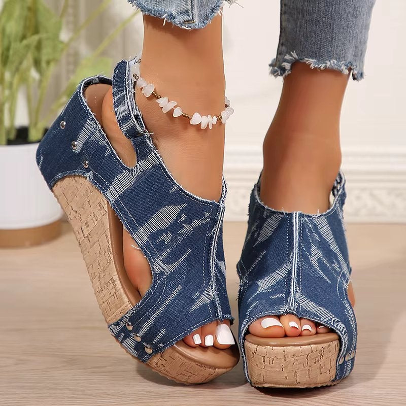 Anna | Klacksandaler i Kork och Denim, Blå
