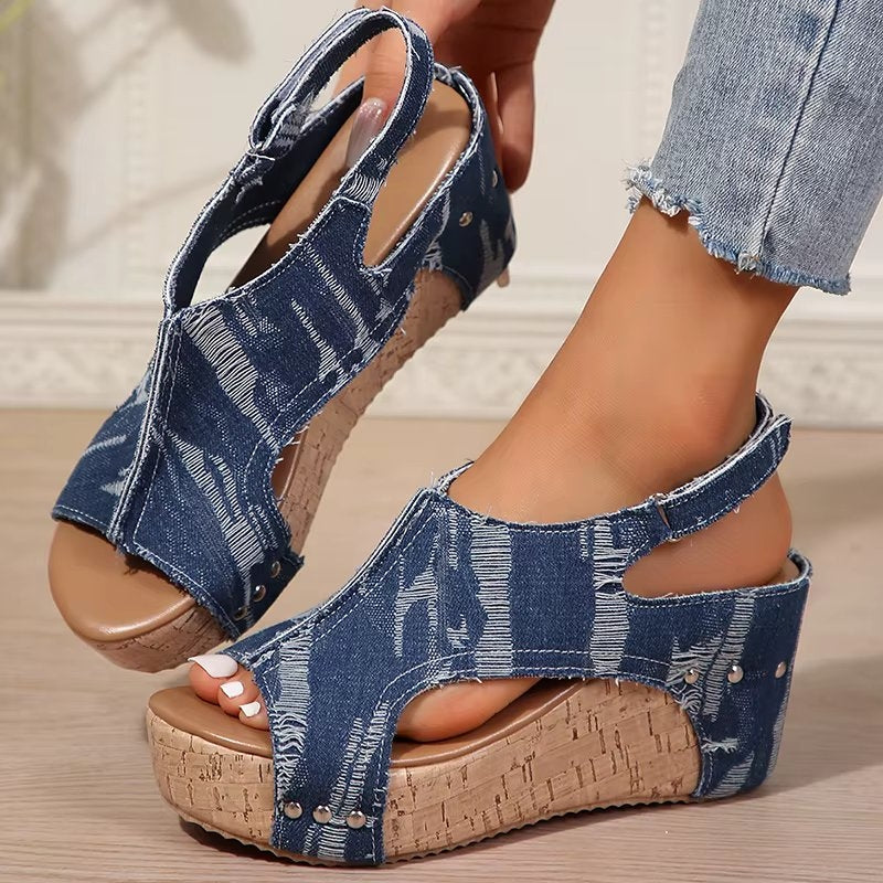 Anna | Klacksandaler i Kork och Denim, Blå