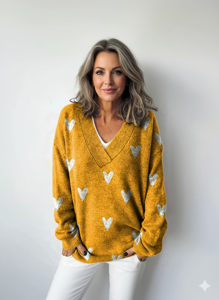 Vackra Hjärtan Återkommande Mönster Tryckt Stickad V-Hals Pullover Tröja