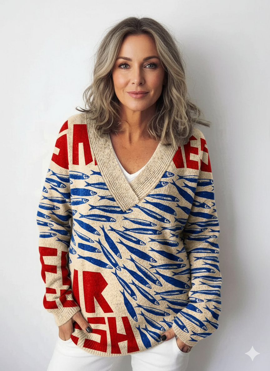 Vintage Fisk Sardiner Konsttryck Stickad V-ringad Tröja