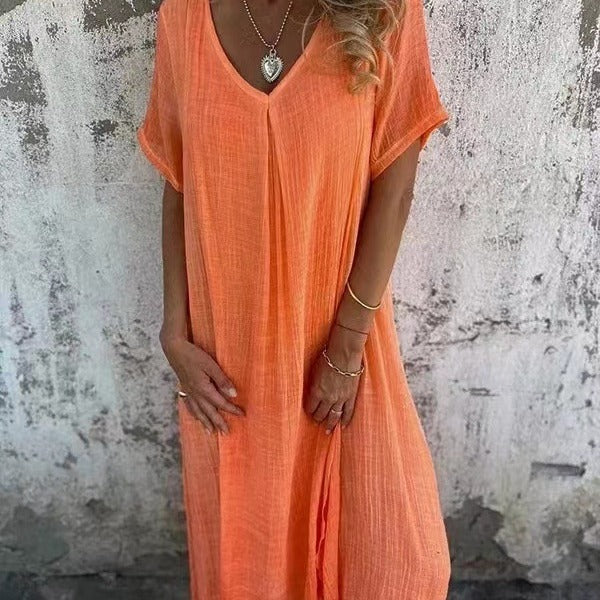 Elsa | Ljus Midi Klänning i Klassisk Snitt Orange