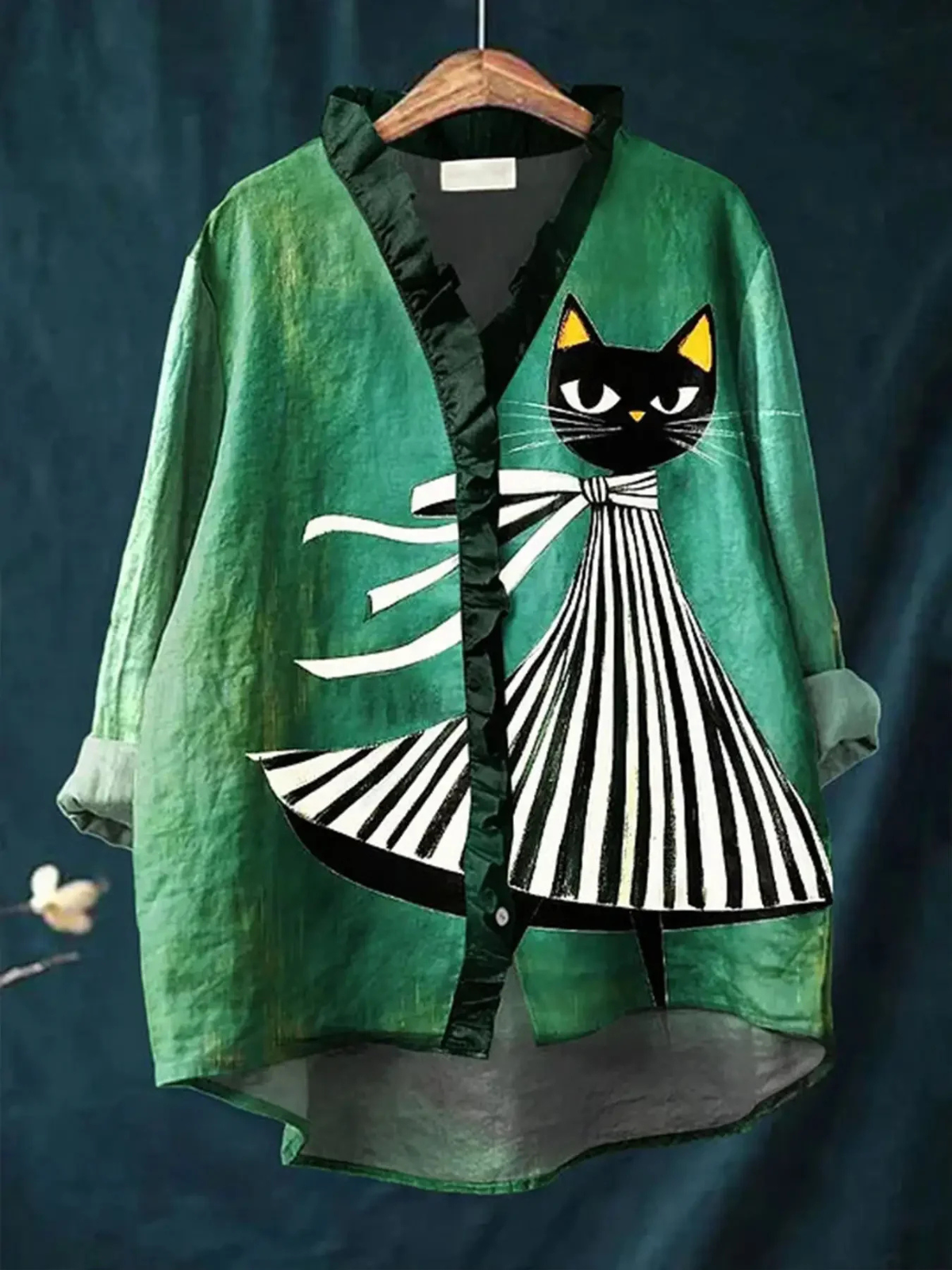 Maria | Grafisk Blus Med Kattmotiv