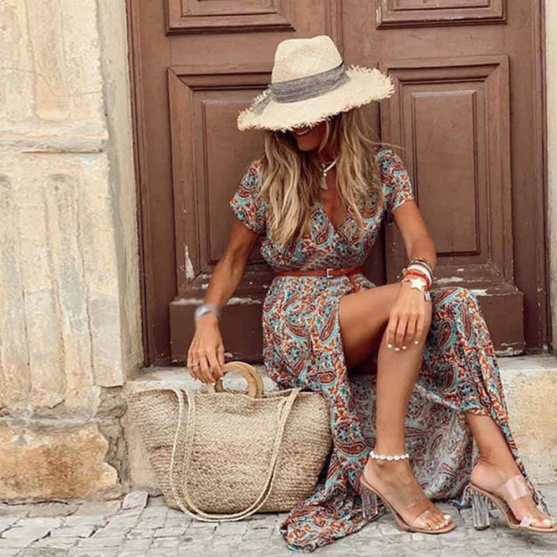 Britta | Maxi Boho Klänning med Paisley Mönster i Bomull