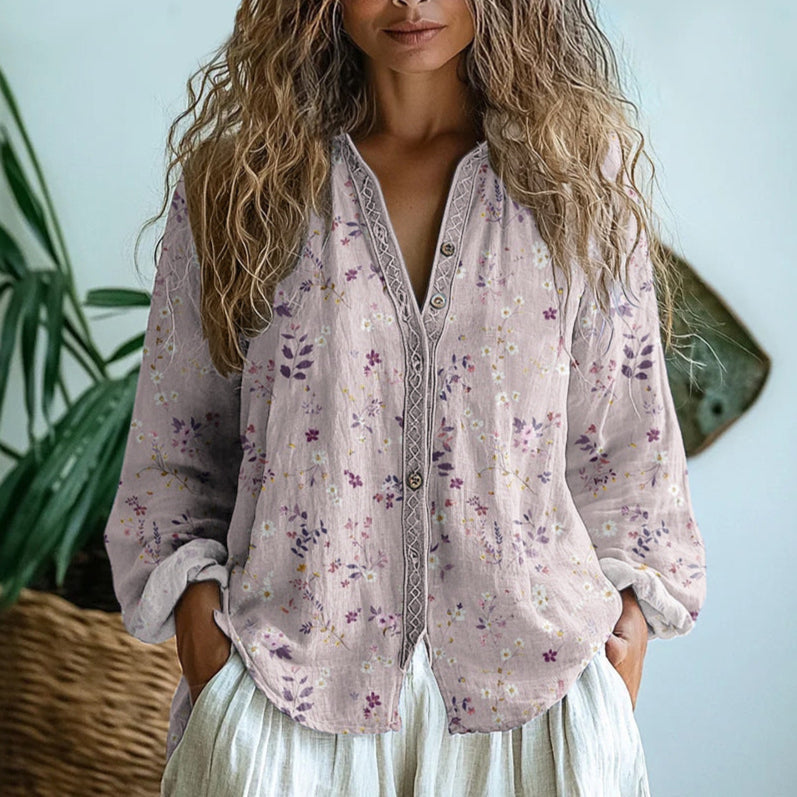Sigrid | Vintage blus med bladtryck, överdimensionerad passform, beige bomull