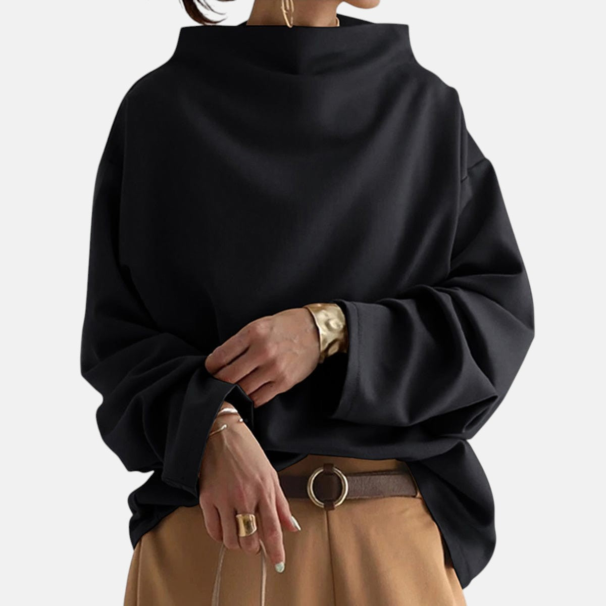 Märta | Tröja med hög krage i svart ribbed jersey