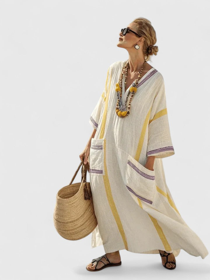 Sofia | Elegant Maxiklänning i Beige och Svart, Viskos och Lin