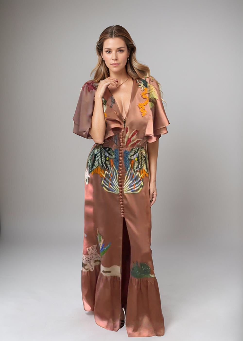 Rebecka | Broderad Boho Maxi Klänning i Beige