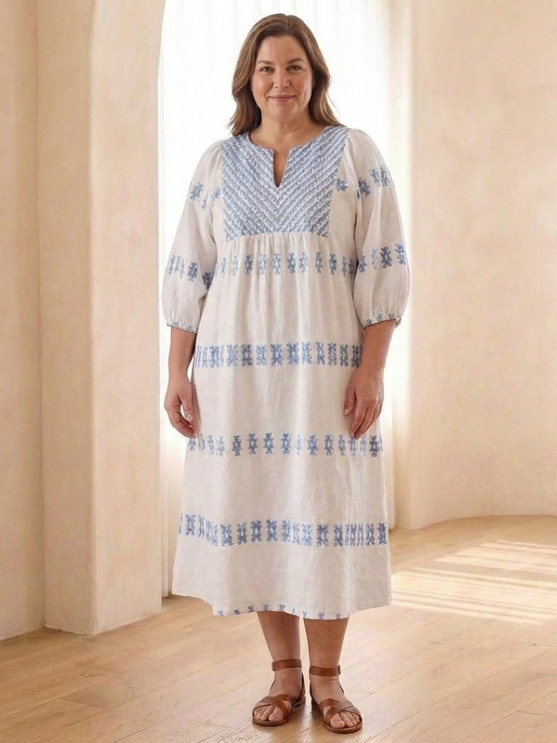 Lisa | Broderad V-ringad Långärmad Klänning