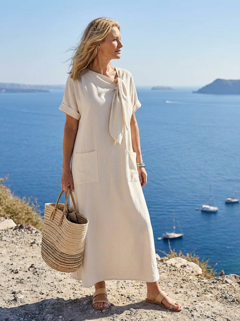 Maja | Maxiklänning Beige Rundnäck Kortärmad