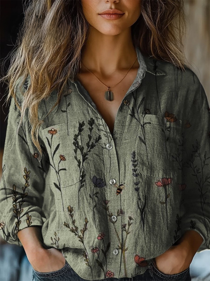 Vera | Vintage Print Casual Långärmad Bekväm Bomullsskjorta