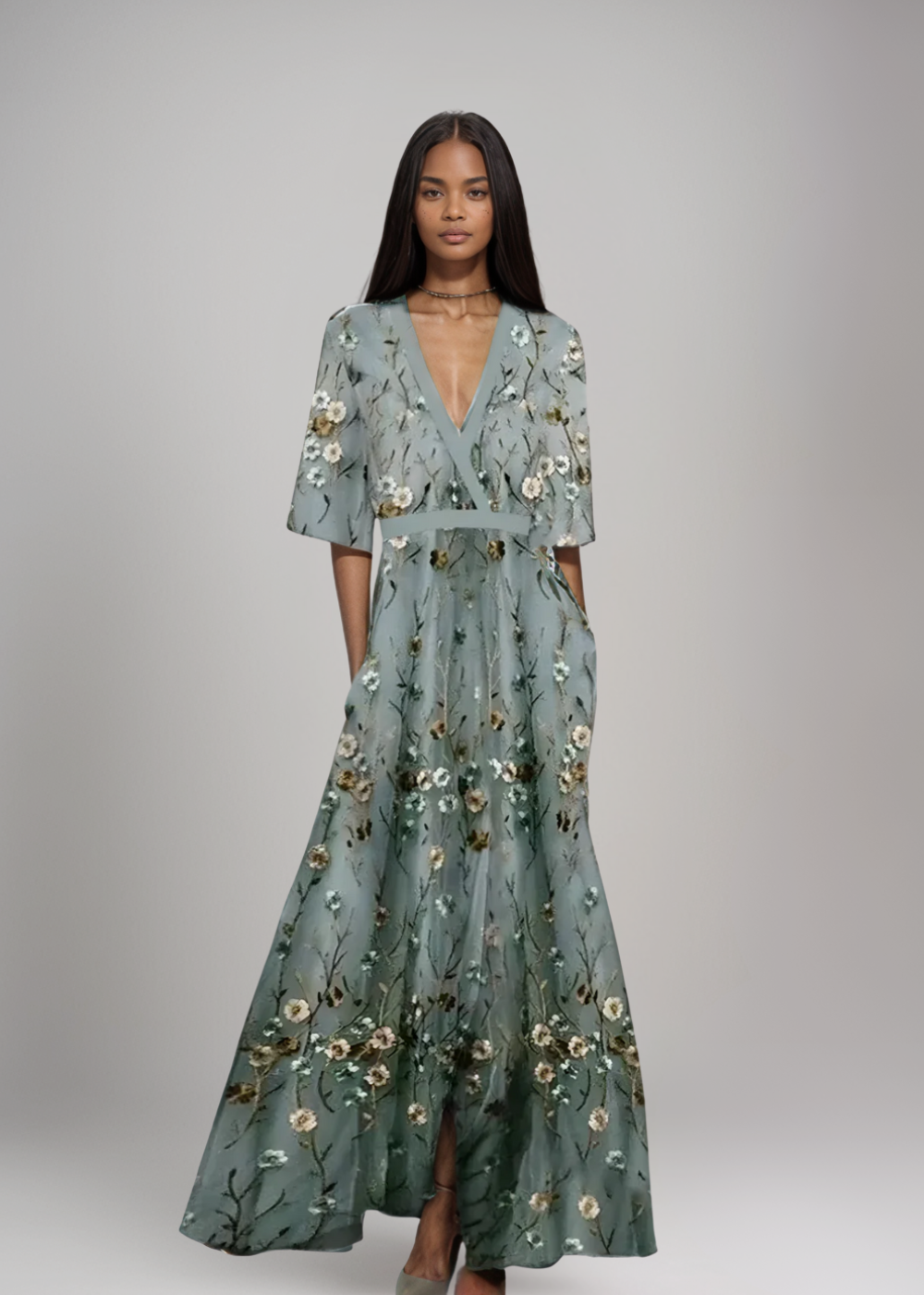Frida | Laurel - Maxi Klänning med Blomsterbroderi