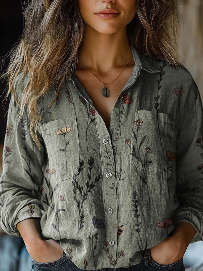 Tyra | Vintage Stil Vårblommönster Tryckt Kvinnors Avslappnad Långärmad Bekväm Bomullsskjorta