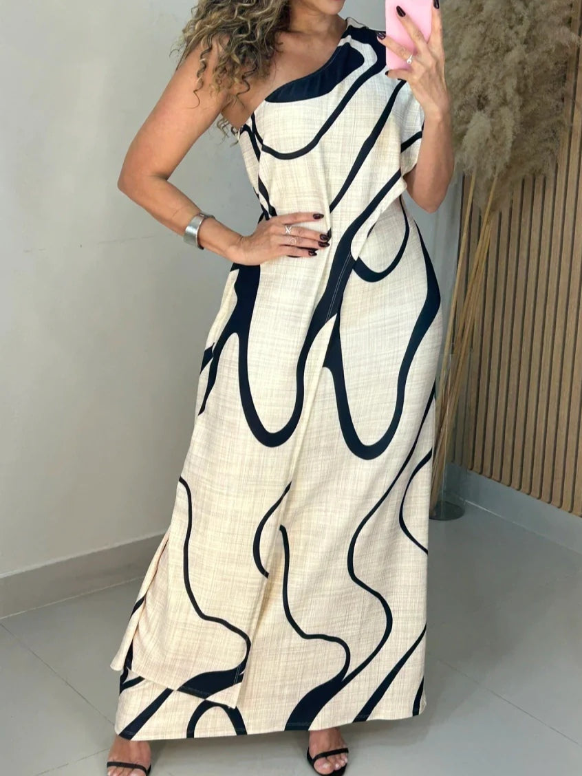 Maja | Abstrakt Mönster Off-Shoulder Maxi Klänning