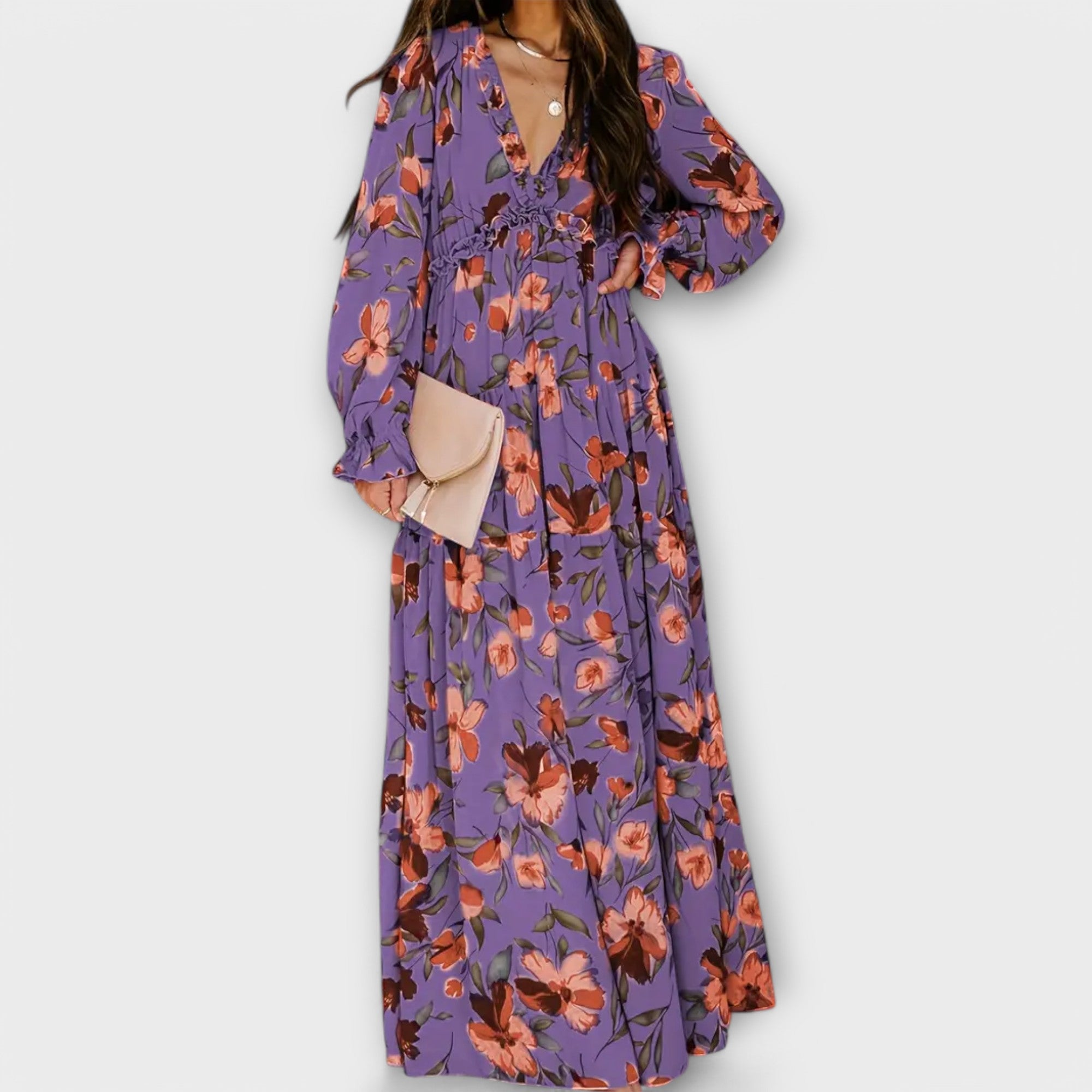 Lena | flödande maxiklänning med blommönster, svart viskos