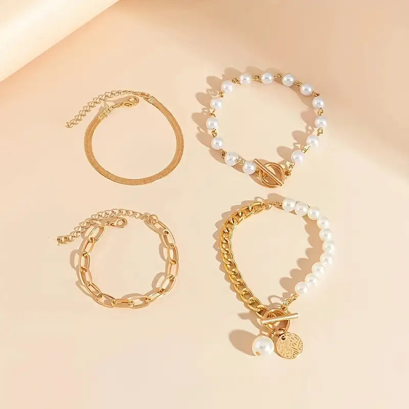 Agnes | Elegant guldarmband 4-delars set med orm, pärlor och länkar