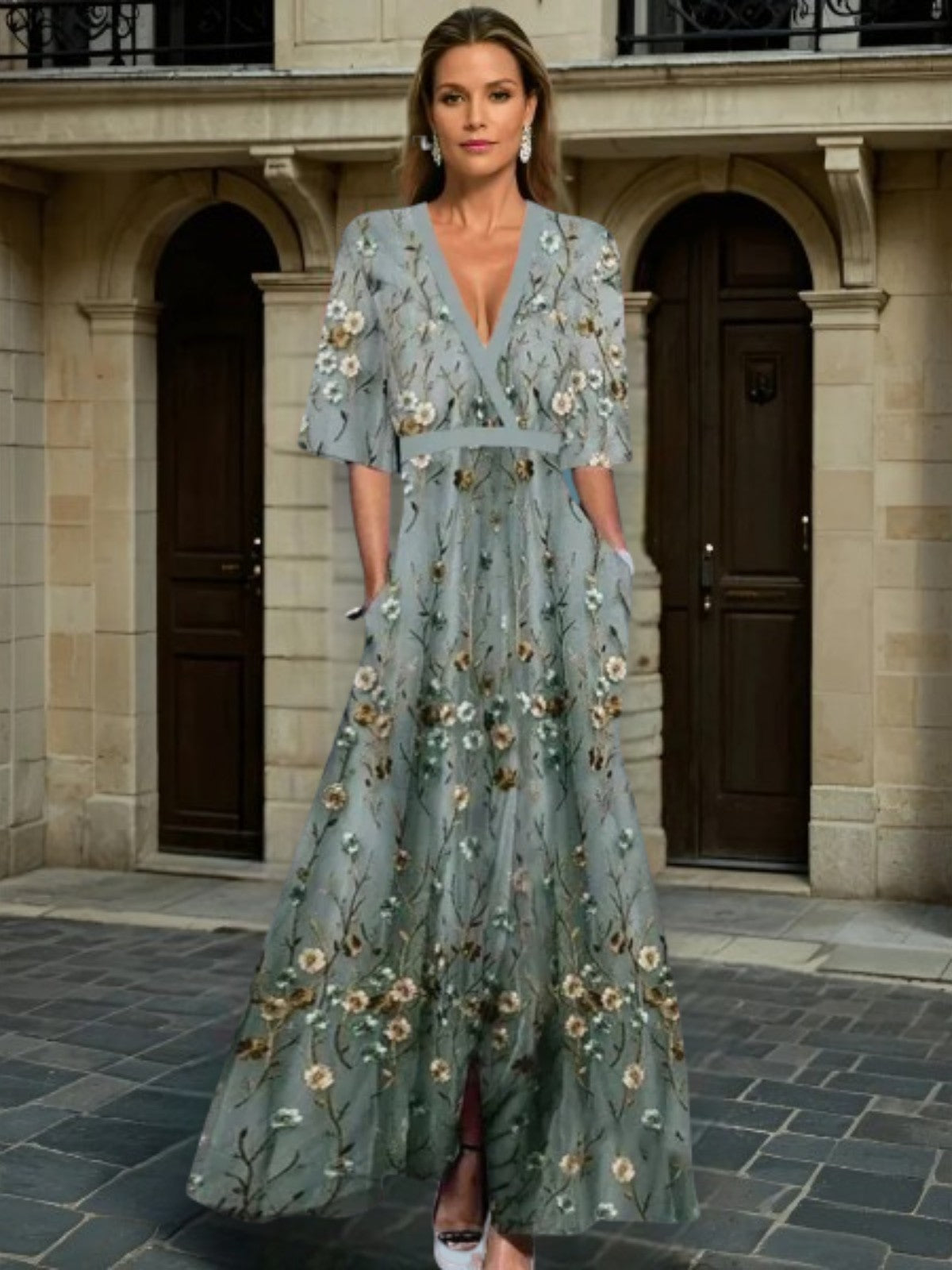 Ingrid | Elegant V-ringad Midjad Boho Klänning i Svart