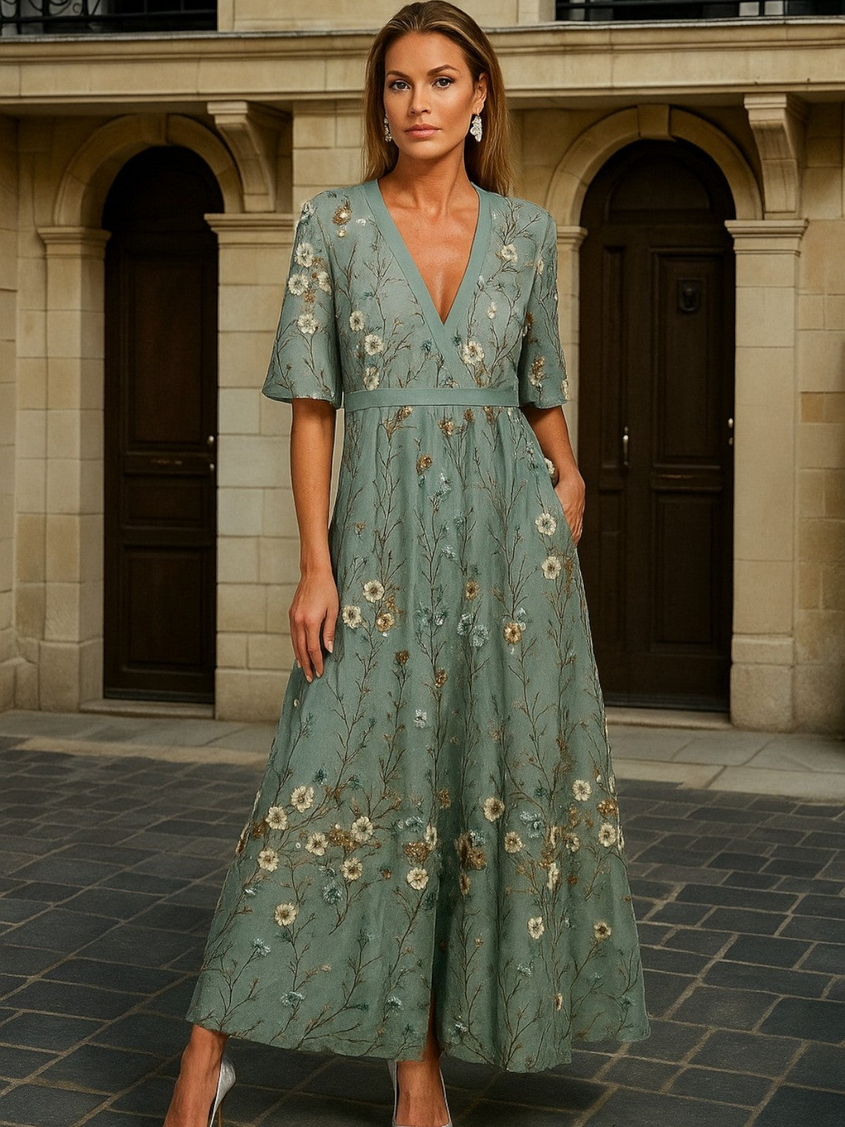 Ingrid | Elegant V-ringad Midjad Boho Klänning i Svart