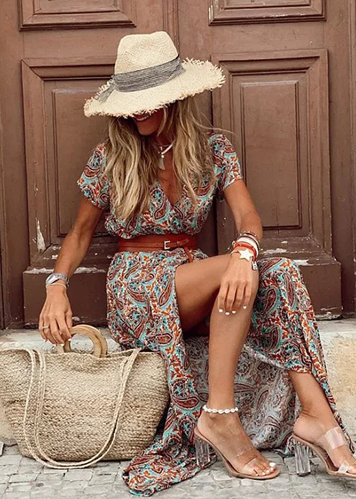 Hilda | Paisley maxiklänning beige med enkel gracer
