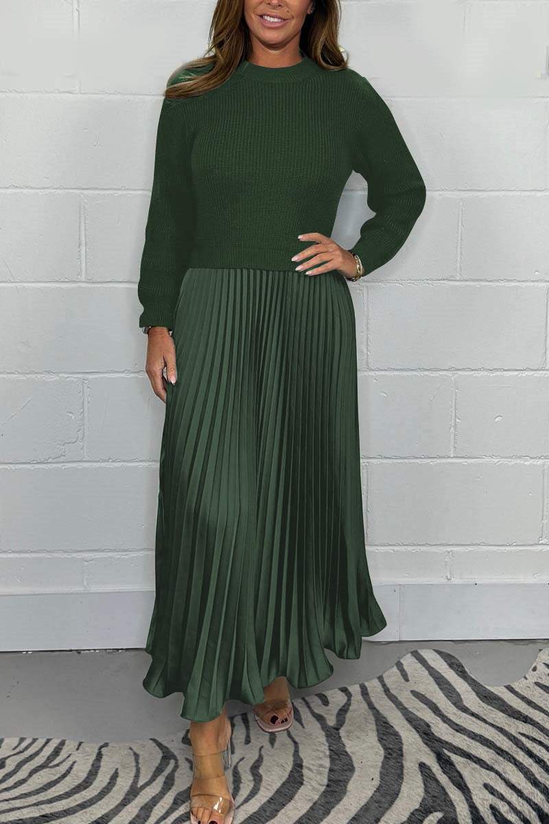 Sigrid | Vit Chic Tröja och Plisserad Kjol Set i Khaki Bomullsblandning