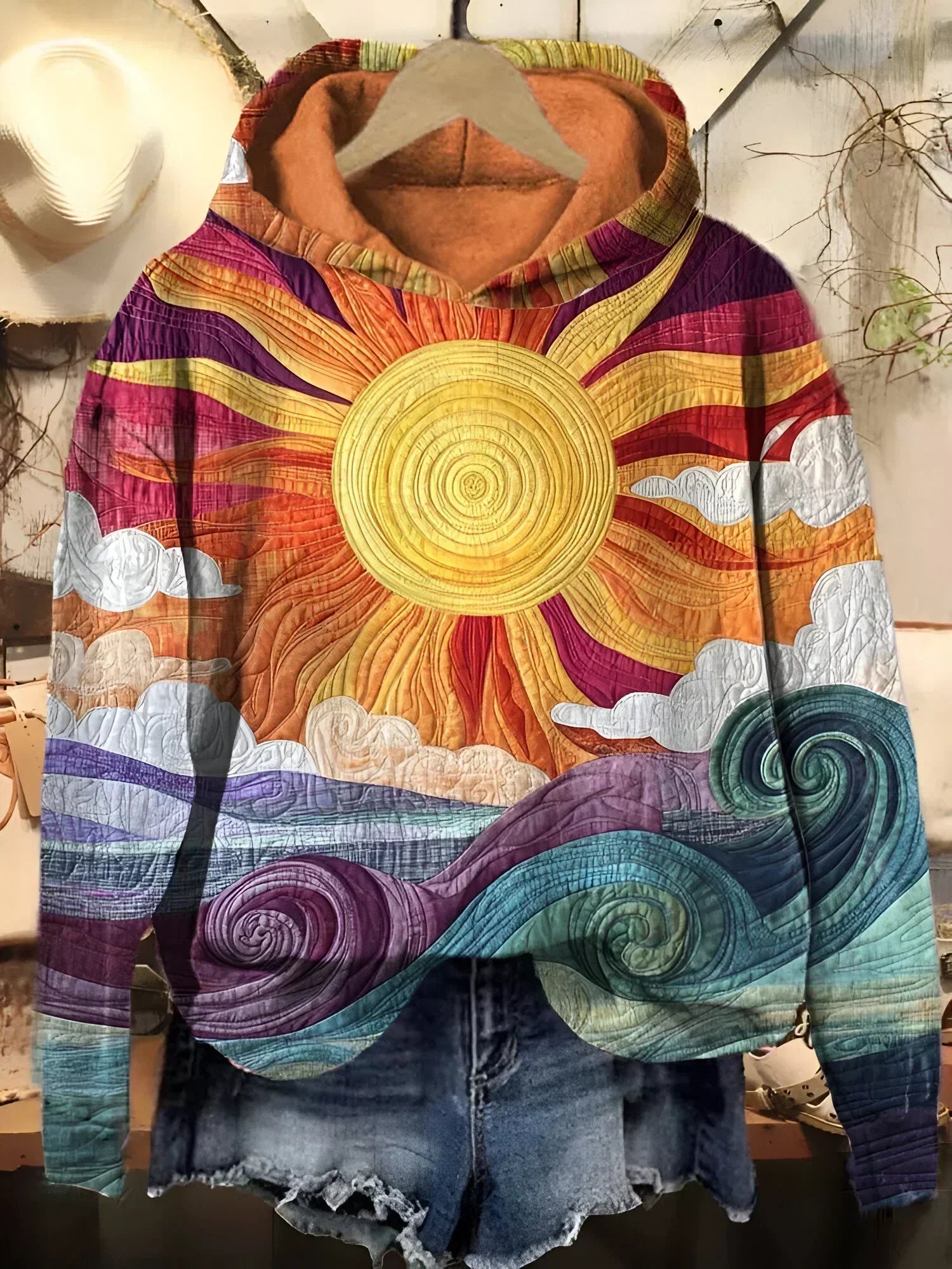 Frida | Vintage-inspirerad Hoodie Med Solstrålemönster i Bomull, Flerfärgad