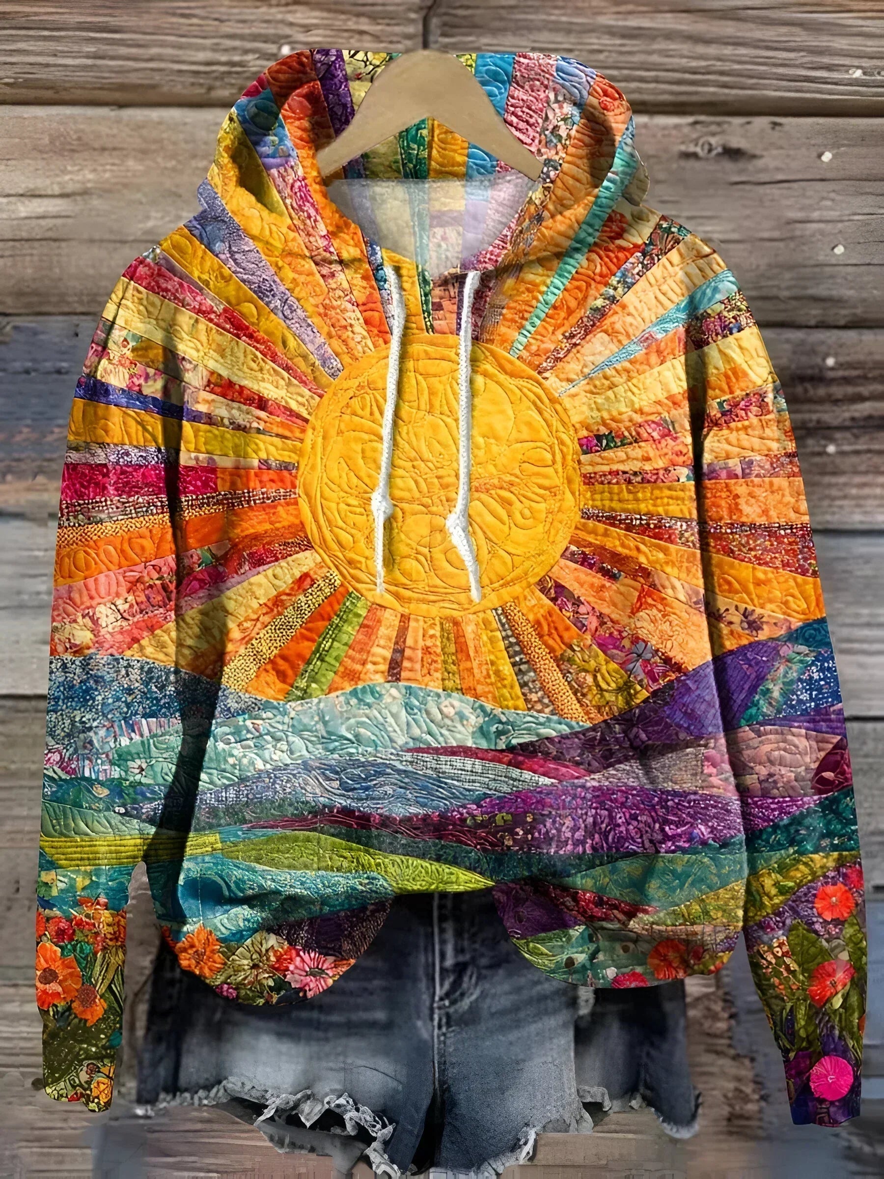 Maja | Färgglad Hoodie Med Soluppgångsmönster, Avslappnad Passform, Flerfärgad